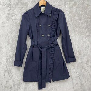 Elevenses Navy Ruffle Double Breasted Belted Mid Length Trench Coat